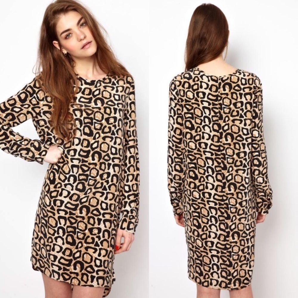Equipment Leopard Silk Long Sleeve Mini Dress size S